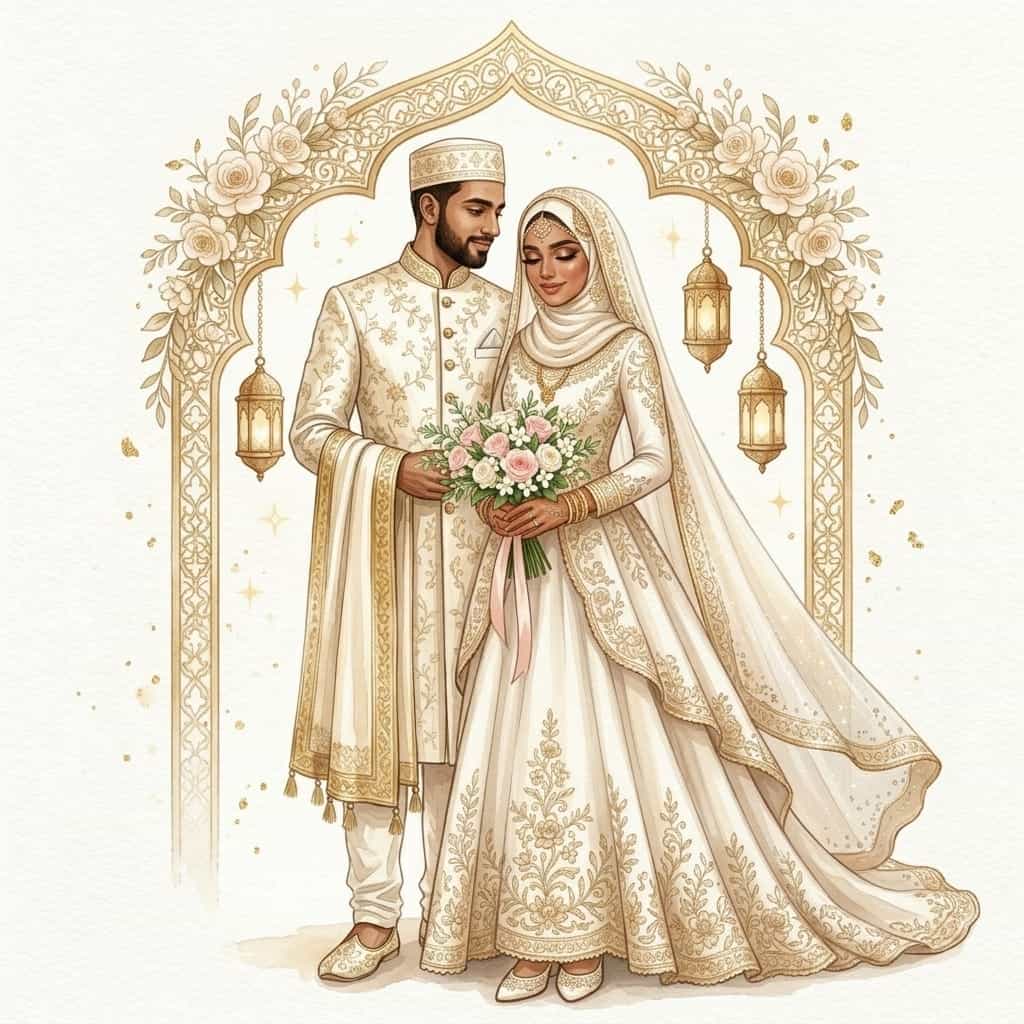 Illustration of the bride and groom beneath a ceremonial arch