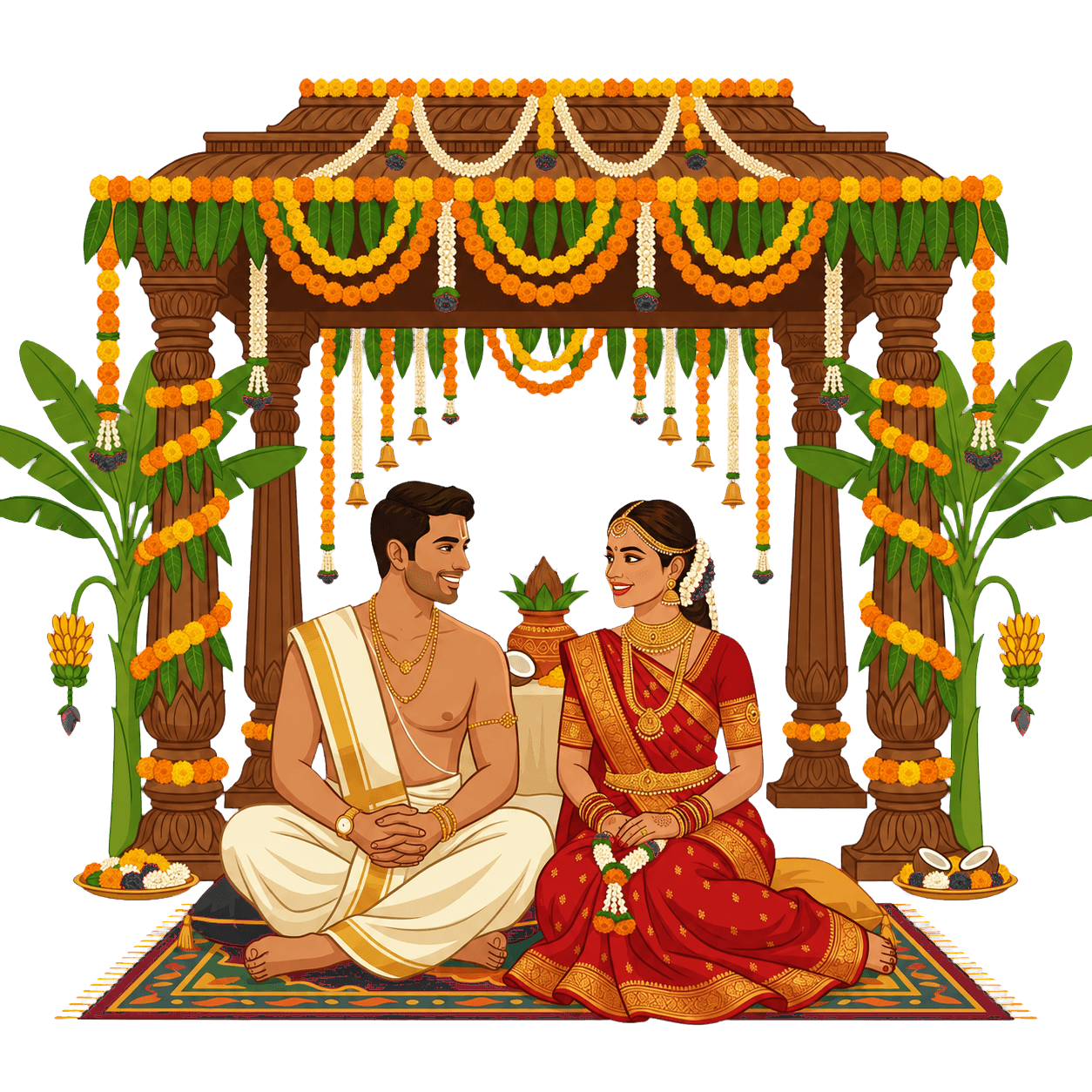Telugu bride and groom beneath a traditional pelli mandapam