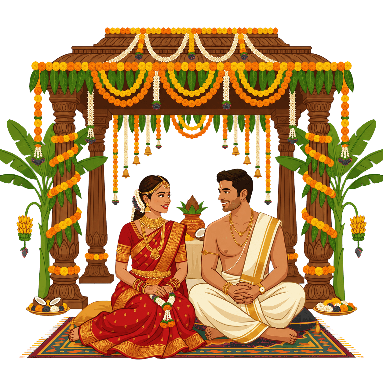 Telugu bride and groom beneath a traditional pelli mandapam