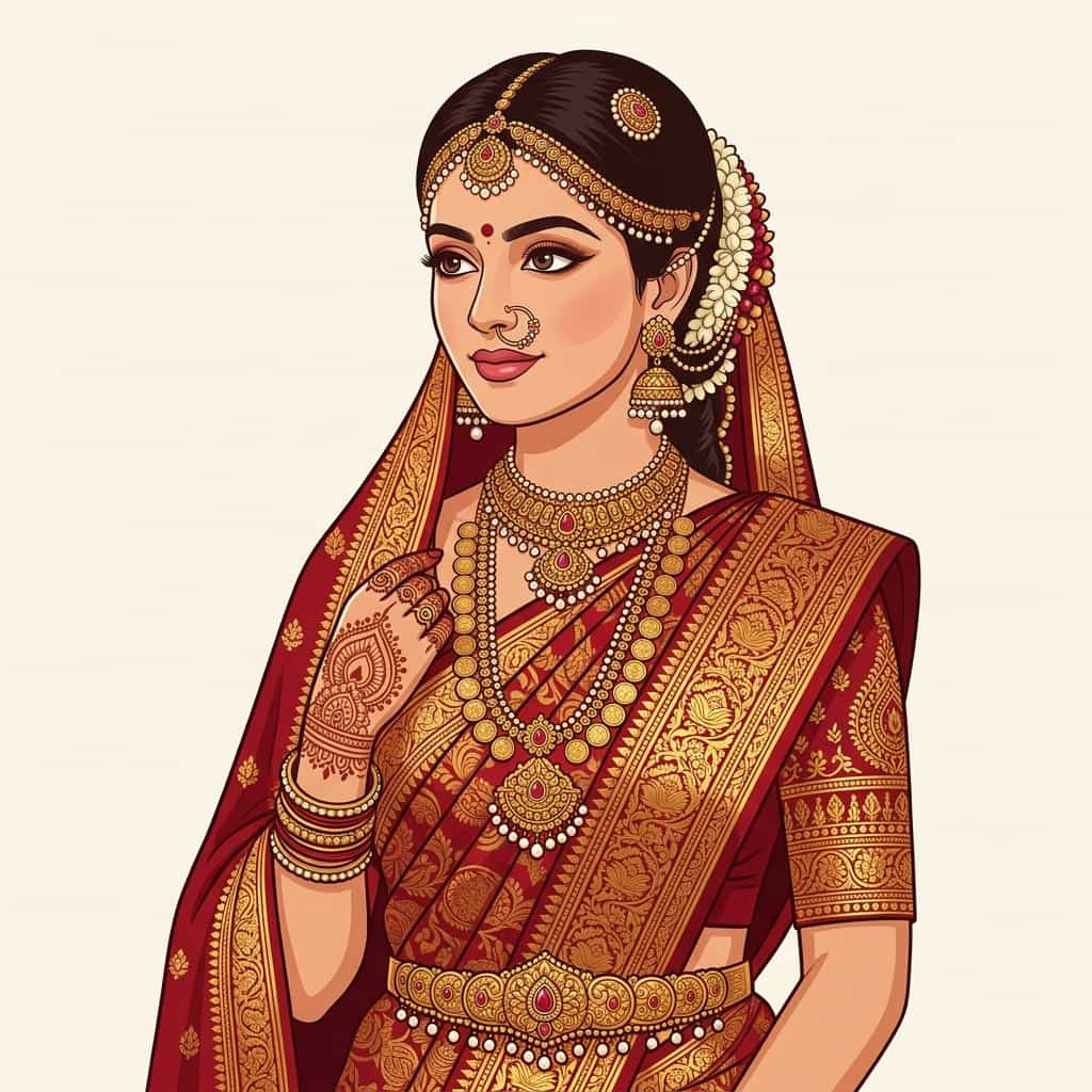 Telugu bride in a kumkum-red Kanchipuram silk saree