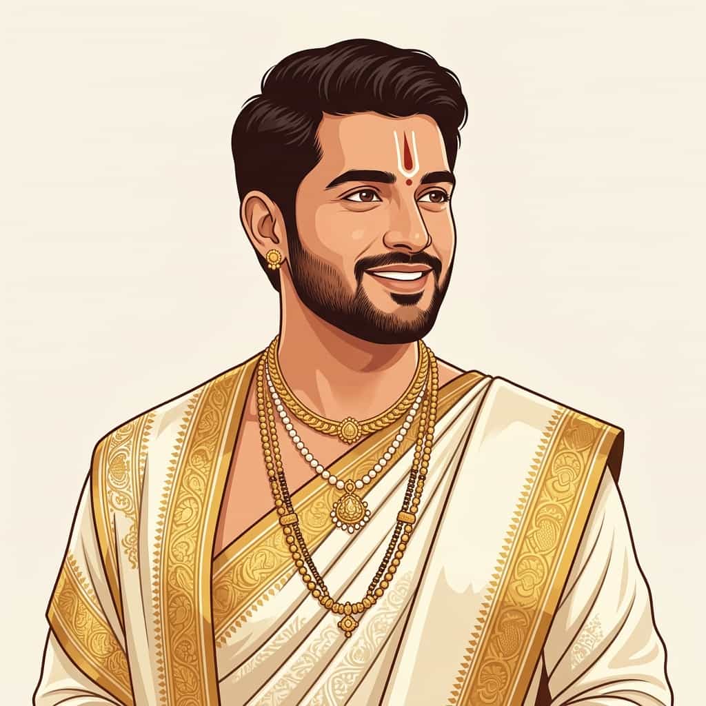 Telugu groom in an ivory silk pancha and angavastram